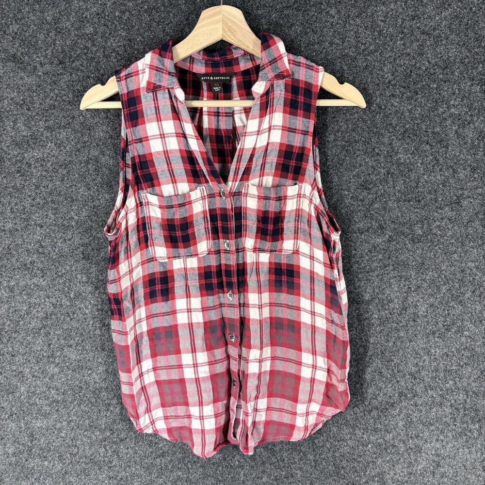 Rock & Republic Shirt Women XS Red Plaid Button Up Collared Sleeveless Rayon